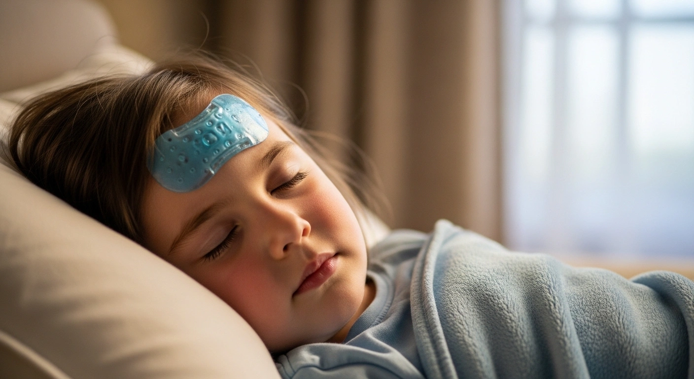 child resting with cooling patch on forehead for fever relief