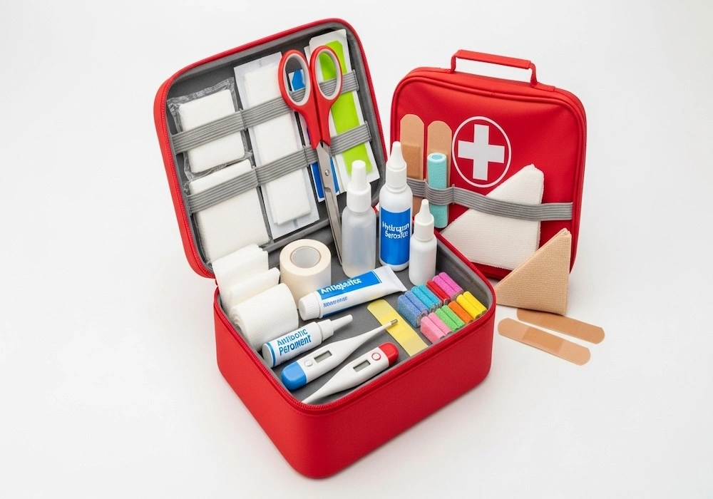 First aid kit open with medical supplies inside