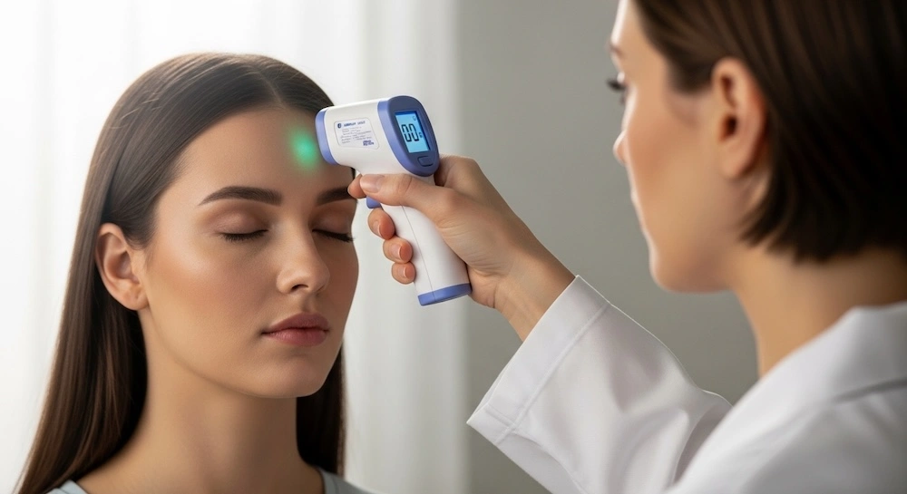 Person using infrared thermometer on forehead