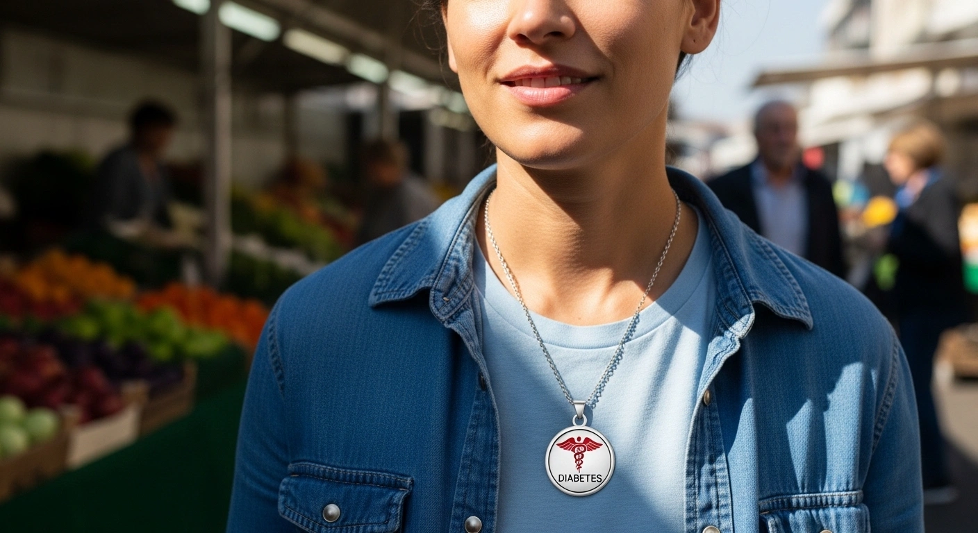 person wearing diabetes medical alert necklace in everyday setting