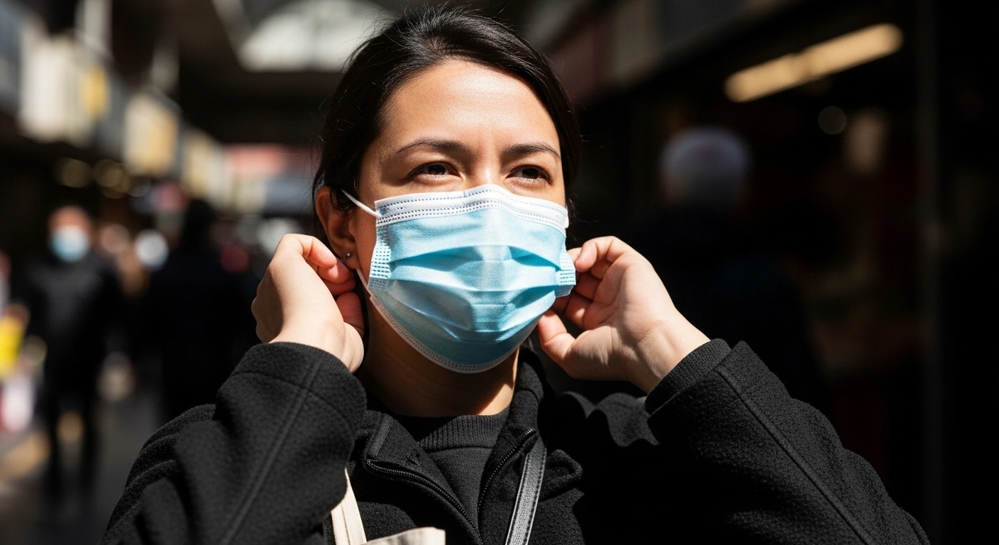 person wearing earloop face mask correctly without touching face