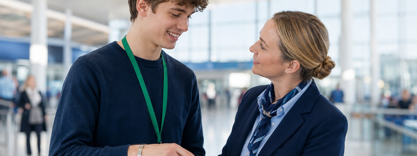 A person wearing a plain green hidden-disability lanyard being helped by staff in a busy terminal, with a medical ID bracelet on the wrist