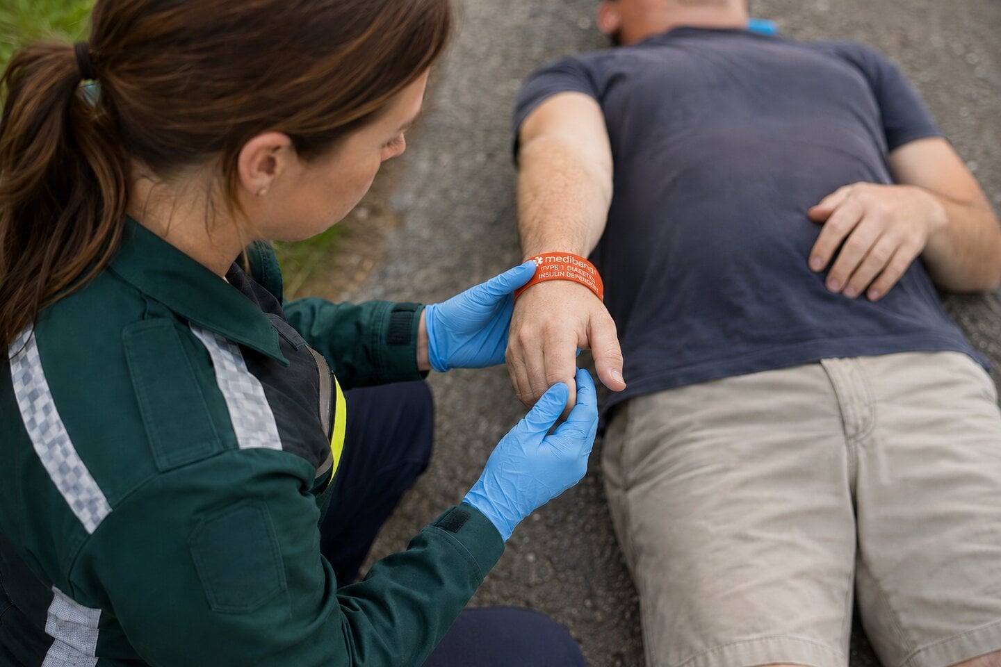 Paramedic kneeling beside a patient on the ground checking for a wrist-worn medical ID — the moment where the band's engraving reaches first-responder hands